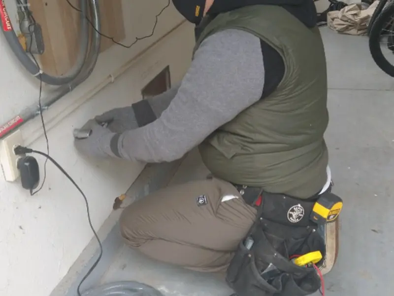 Electrician performing outlet wiring in a Dyer garage